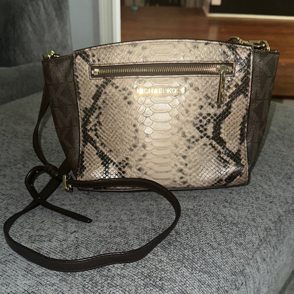 Michael Kors Snake Print Crossbody Bag in Brown and Cream
